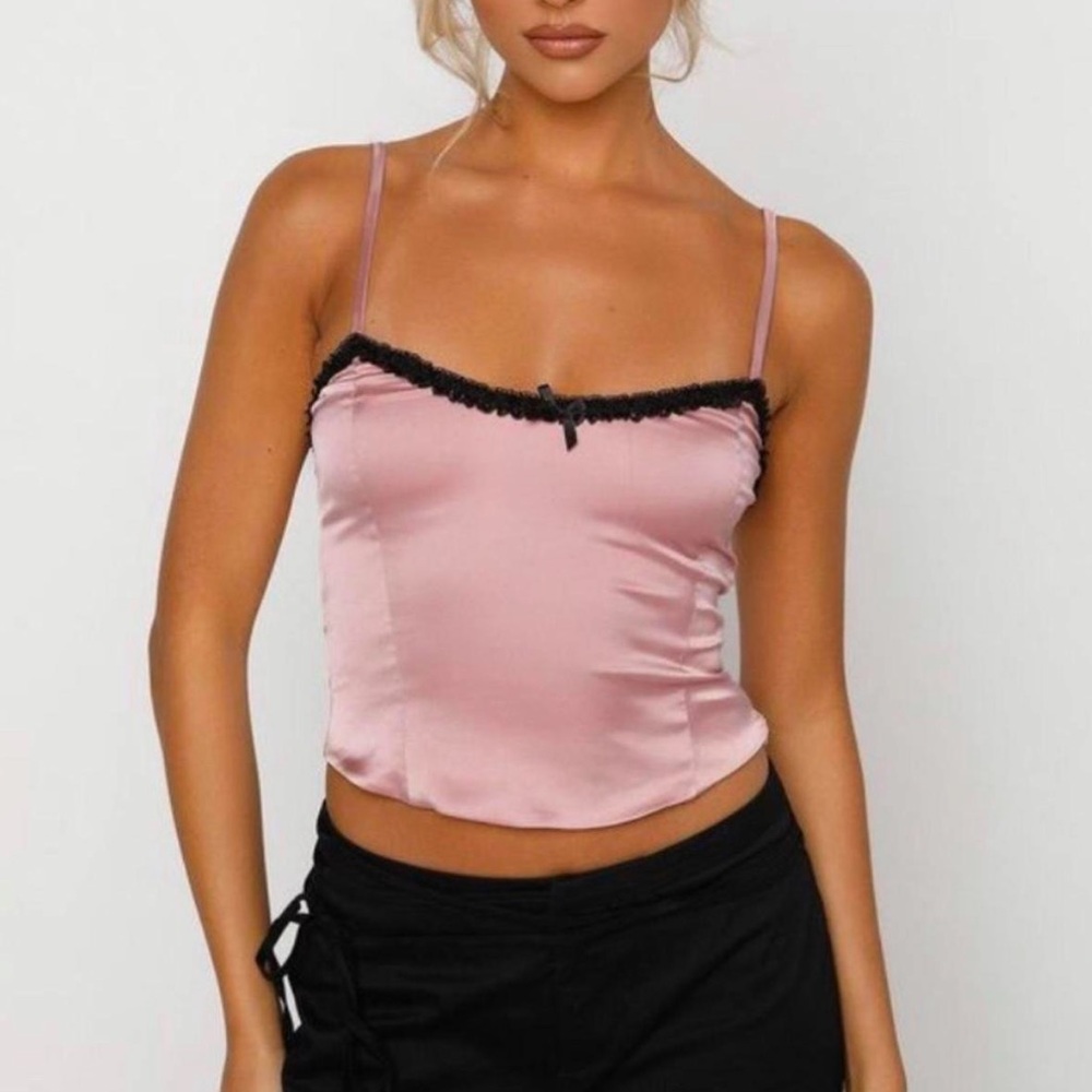 Tiger Mist Pink Satin Crop Top with Black Lace Trip, Size S